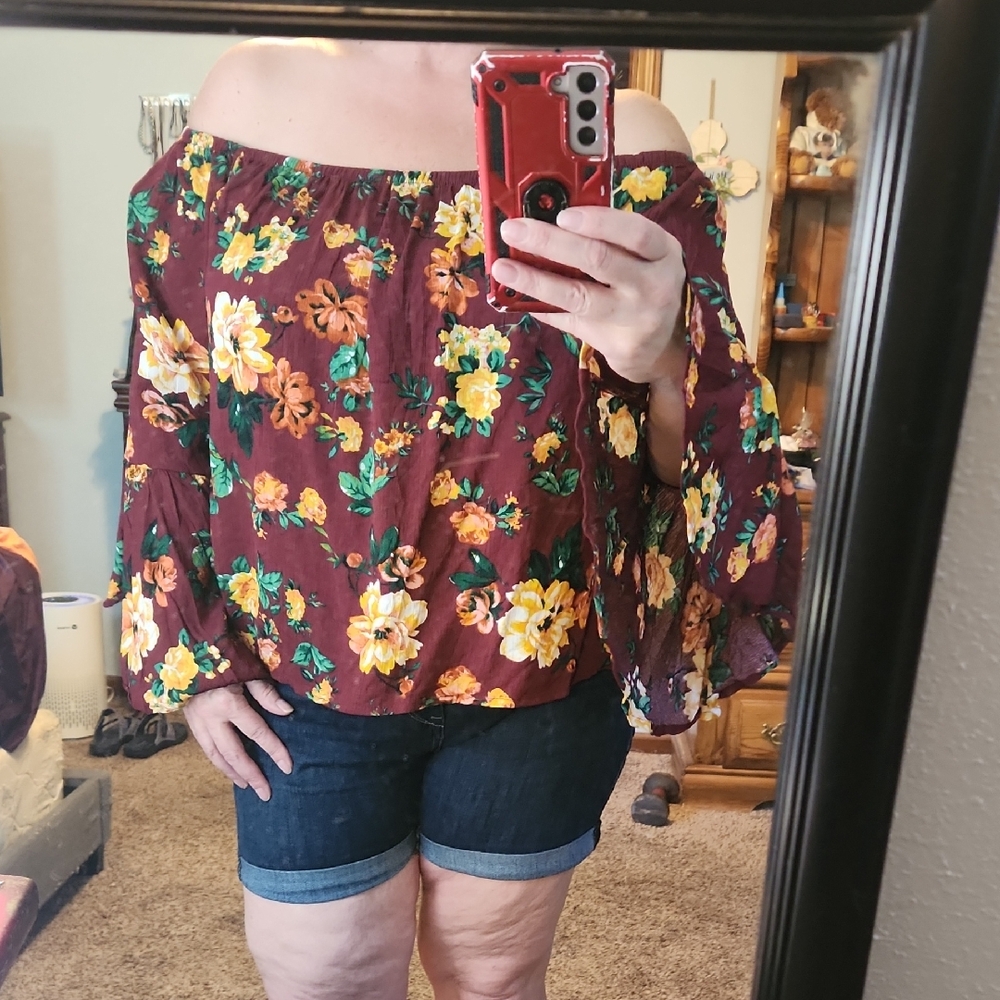 Ambiance Floral Off-Shoulder Blouse - Brown and Yellow, Never Worn.